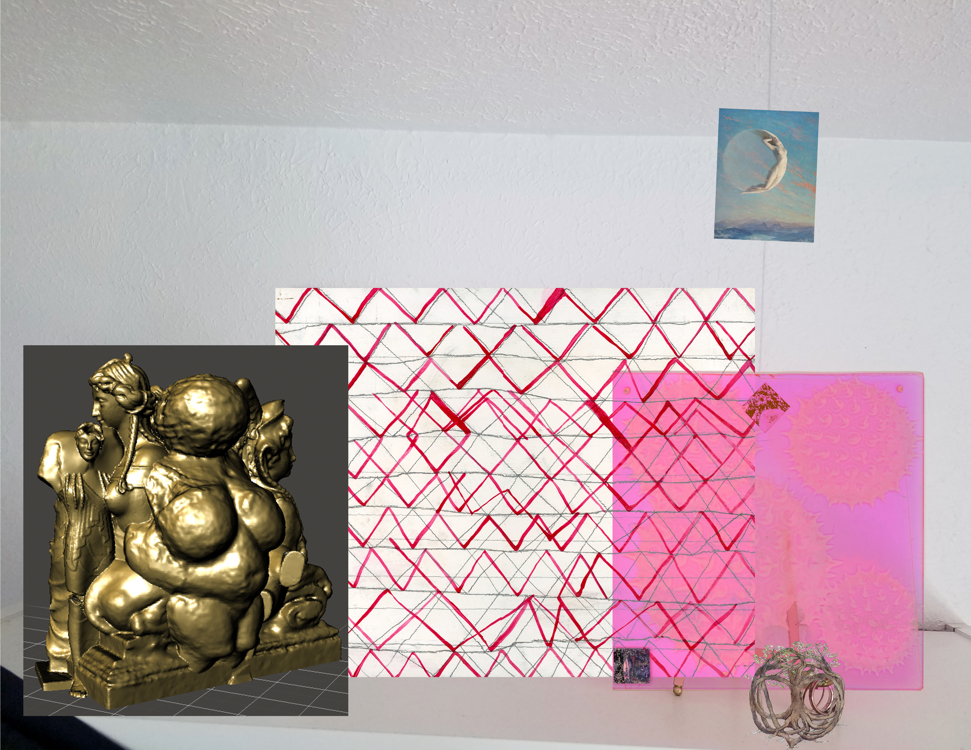 sphinxheart (gold)
			jennifer's drawing of noah's dream drawing (red mountains) 
			pollen laser-etch on neon pink acrylic
			(over the bookshelf)